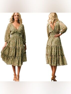 Baltic Born Midi Dress Plus Size 1XL Coventry Tiered Midi in Dusty Olive Green